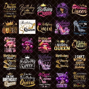 Pode incluir: Uma coleção de gráficos com tema de aniversário com as palavras "Birthday Queen" em várias fontes e designs. Alguns designs incluem coroas, saltos altos e frases como "I don't get older, I level up."