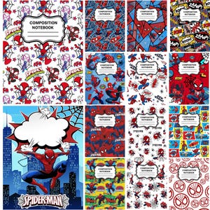 May include: A collection of composition notebooks featuring various Spider-Man and Spidey and His Amazing Friends graphic patterns, including comic book panels, cityscapes, and character illustrations, each with a central white label for text.