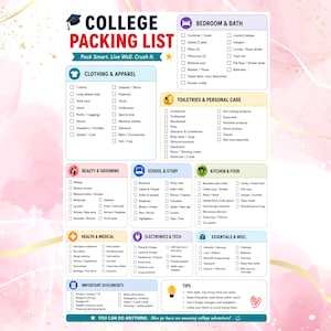 May include: A college packing list printed on a white sheet with a pink watercolor background. The document features categorized checklists including clothing, bedroom, toiletries, school, kitchen, health, electronics, and documents with checkboxes.