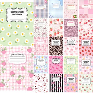Pode incluir: Uma coleção de cadernos com vários padrões, incluindo margaridas, morangos, laços cor-de-rosa, estampado de leopardo, riscas pretas e brancas e ícones de papelaria, cada um com uma etiqueta central para escrever um nome ou assunto.