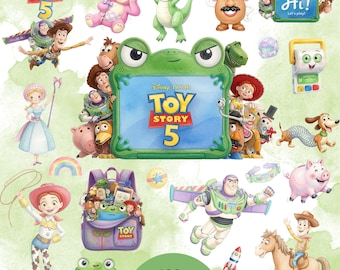 May include: A collection of Disney Pixar Toy Story 5 digital stickers featuring characters like Woody, Buzz Lightyear, Jessie, Rex, and Mr. Potato Head. The set includes a green frog-shaped frame with the Toy Story 5 logo and a backpack filled with toys.