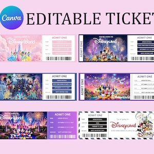 May include: A collection of colorful, editable ticket designs featuring Disney characters and park imagery. Each ticket includes the text "ADMIT ONE" and customizable fields for event details. The tickets are designed with a Canva logo and the words "EDITABLE TICKET".