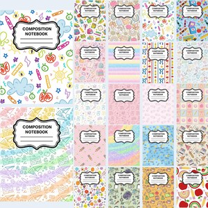 Può includere: Una collezione di quaderni con vari motivi colorati tra cui materiale scolastico, frutta, arcobaleni e forme geometriche. Ogni quaderno ha un'etichetta bianca centrale con il testo COMPOSITION NOTEBOOK e delle linee.