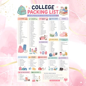 May include: A college packing list printed on a white sheet with pastel illustrations. The text includes categories like clothing, toiletries, makeup, laundry, bedding, school supplies, kitchen essentials, travel, documents, medical, cleaning, and electronics.