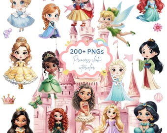 May include: A digital illustration featuring chibi-style princess characters. The image includes princesses like Cinderella, Snow White, and Ariel, along with a pink castle and the text "200+ PNGs Princess chibi watercolor". Butterflies and flowers are also present.
