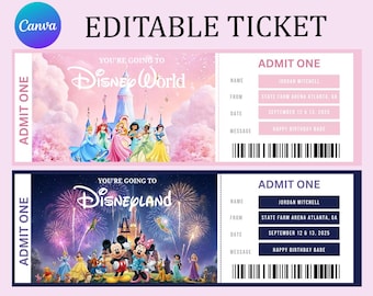 May include: Two editable ticket designs. The top ticket is pink and features Disney World with princesses. The bottom ticket is dark blue and features Disneyland with Mickey and Minnie Mouse. Both tickets say "ADMIT ONE".