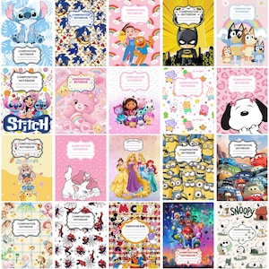 Może przedstawiać: Kolekcja dwudziestu zeszytów szkolnych z różnymi postaciami z bajek, w tym Stitch, Sonic, Batman, Bluey, Care Bears, Dora, Peppa Pig, Snoopy, Zootopia, Marie, księżniczki Disneya, Minionki, Auta, Toy Story, Spider-Man, Myszka Miki i Mario.