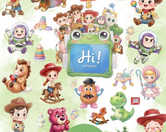 May include: A collection of Toy Story 5 themed illustrations featuring chibi-style characters like Woody, Buzz Lightyear, Jessie, and Mr. Potato Head. A central green frog-shaped frame displays the text Hi! Let's play! with 100+ images total.