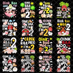 Pode incluir: Uma coleção de designs com tema de animais de fazenda, com porcos, ovelhas e vacas, com o texto "Oink Baa Moo I'm 2". Cada design inclui o número "2" e vários elementos de fazenda coloridos.