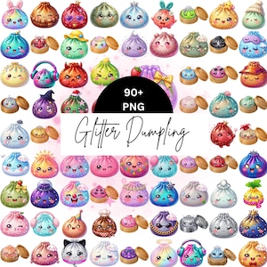 May include: A collection of over 90 digital PNG illustrations featuring glittery, colourful dumplings with various facial expressions, accessories, and hats, centred around the text 90+ PNG Glitter Dumpling.