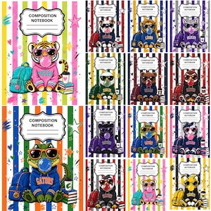 May include: A collection of composition notebooks featuring various animal characters wearing hoodies and sunglasses while blowing bubblegum. Each notebook cover displays a label with the text Composition Notebook and colorful striped backgrounds.