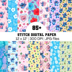 Pode incluir: Uma coleção de 85+ papéis digitais Stitch com personagens azuis e rosas, flores tropicais, abacaxis, corações e arco-íris. O texto diz 85+ STITCH DIGITAL PAPER 12 x 12" | 300 DPI | JPG files em um fundo branco.