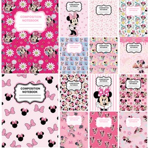 May include: A collection of composition notebooks featuring various Minnie Mouse patterns in shades of pink, white, and black. Each notebook includes a central white label with the text COMPOSITION NOTEBOOK and lines for writing.