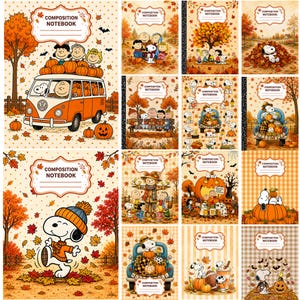 May include: A collection of composition notebooks featuring Peanuts characters in various autumn scenes. Each cover displays fall foliage, pumpkins, and Snoopy in seasonal settings with the text COMPOSITION NOTEBOOK printed on a white label.