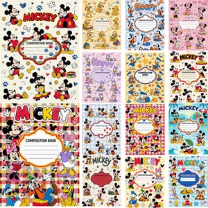 Pode incluir: Uma coleção de cadernos de composição com vários personagens da Disney, incluindo Mickey Mouse, Minnie Mouse, Pato Donald, Margarida, Pateta e Pluto. Cada caderno tem uma área central para escrever e padrões coloridos de personagens.