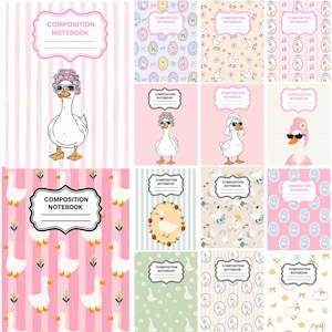 May include: A collection of composition notebooks featuring various illustrations of white geese. Some designs show geese wearing hair rollers, towels, or sunglasses, while others display repeating patterns of geese, flowers, and bows on backgrounds of stripes or grids.