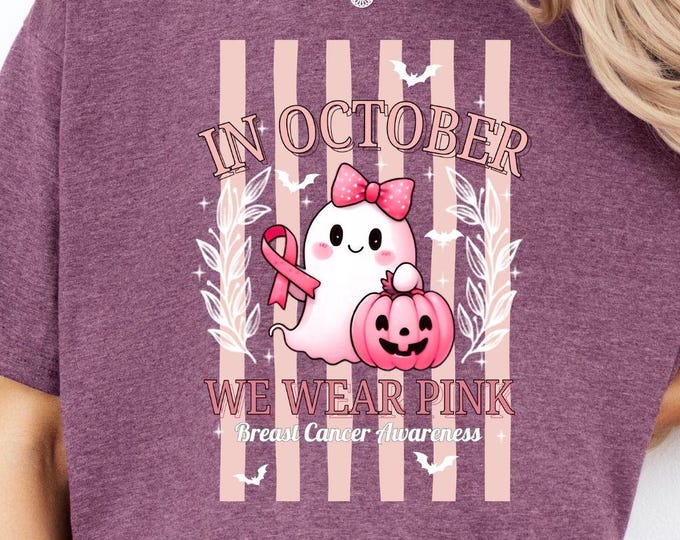 In October We Wear Pink shirt, Breast Cancer Awareness Shrit, Retro Breast Cancer Shirt, Halloween Pink Ghost Shirt, Halloween Shirt