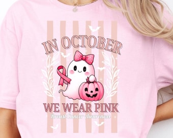 In October We Wear Pink shirt, Breast Cancer Awareness Shrit, Retro Breast Cancer Shirt, Halloween Pink Ghost Shirt, Halloween Shirt