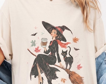 Vintage Coffee Witch & Cat Ringer Tee Halloween Tshirt Halloween Black Cat Graphic Spooky Fall Pumpkin Shirt Witchy Salem Top Vintage VHS