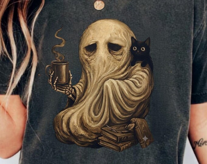 Ghost Cat Shirt, Spooky Black Cat Graphic Tee, Funny Introvert Halloween Coffee Lover Gift Comfort Colors