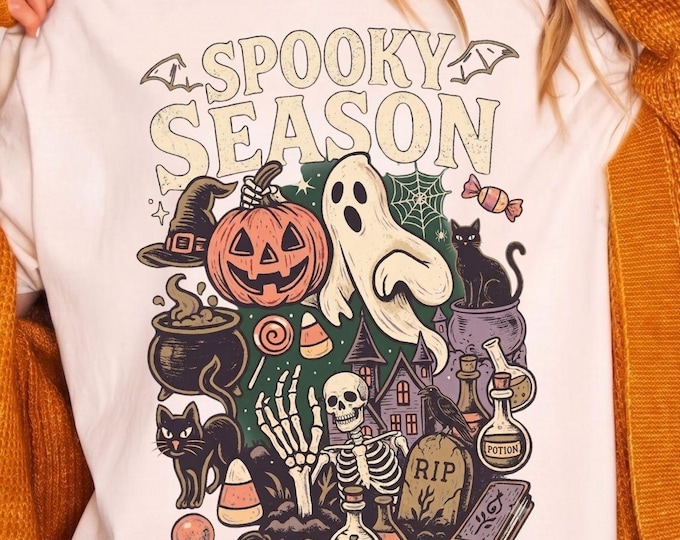 Vintage Halloween Comfort Colors® T Shirt | Retro 'Tis The Season Skeleton Pumpkin Ghost Halloween TShirt | Y2K Halloween | Women's Shirt