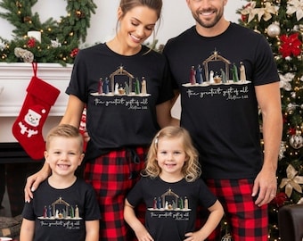 Christian Christmas Shirt Family Matching The Greatest Gift of All Nativity Scene Tee Matthew 1:21 Christ Shirt Birth of Jesus Xmas Pjs
