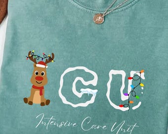 Comfort Colors Icu Nurse Christmas T-Shirt ICU Shirt Reindeer Christmas For Gift Nurse Practitioner Shirt Intensive Care Unit Tee Hospital