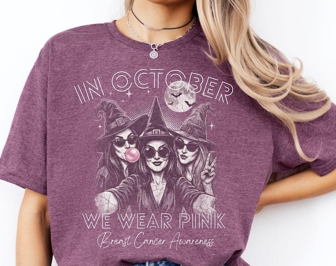 Witches Selfie In October We Wear Pink Breast Cancer Awareness Tshirt Retro Fighter Shirt Halloween Pink Shirt Witchcraft Halloween Tee