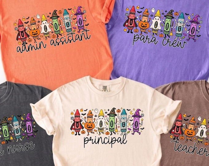Custom Halloween Shirt Front Office Staff School Counselor Tshirt Personalized Admin Assistant Sweatshirt Matching Spooky Crayons Shirts