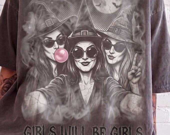 Retro Witches Selfie Tshirt Funny Spooky Season Tee Halftone Classic Vintage Halloween VHS shirt Girls Will Be Girls Clothing