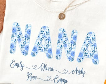 Personalized Floral Nana T-Shirt with Grandkids Names Christmas Gift For Mom Grandma