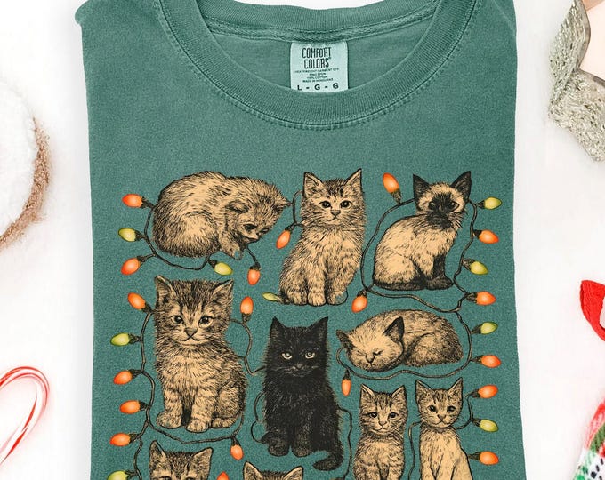 Comfort Colors® Cats 90s Vintage Tattoo Style Tshirt, Retro New Year Kitten Shirt, Cat Lovers Gift, Cute Cat Shirts, Christmas Pet Shirt