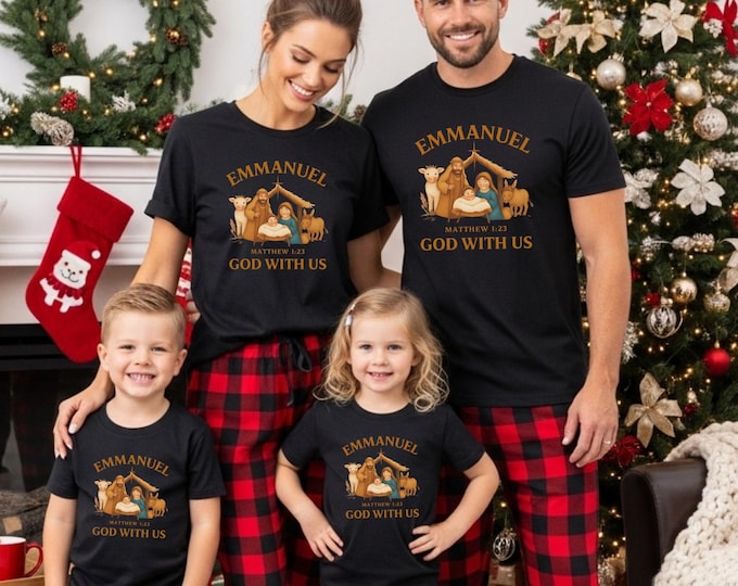 Christian Christmas Shirt – Family Matching “Emmanuel God With Us” Nativity Tee, Matthew 1:23, Family Christmas Shirt, Family Xmas Pjs,