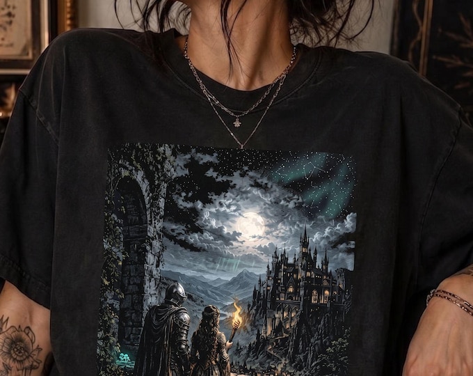 Vintage Halloween Retro Moonlit Fantasy Castle Dark Romance Graphic Gothic Fairytale T Shirt Book Lover Shirt Comfort Colors Graphite Tee