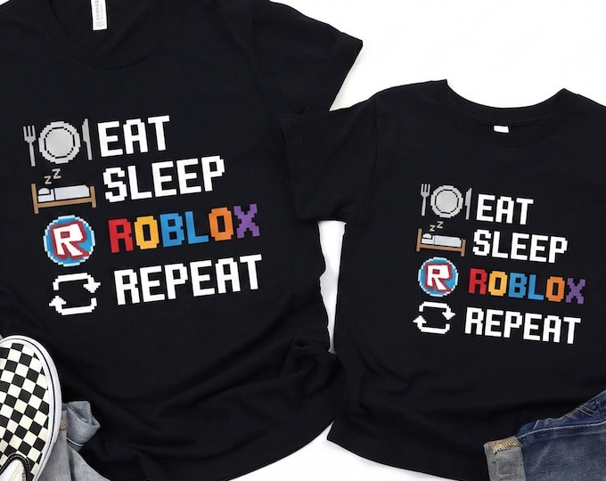 Eat Sleep Roblox Repeat Shirt Kids Roblox Tee PC Fan Tee Kids Boy T-shirt Video Game Matching Team Robots Shirt  Fun tshirts Pixel art