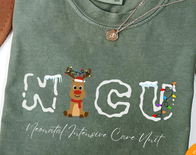Comfort Colors Nicu Nurse Christmas T-Shirt NICU Shirt Reindeer Christmas For Gift Nurse Practitioner Shirt Neonatal Intensive Care Unit Tee