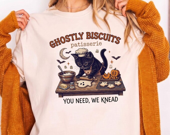Comfort Colors® Kitty Biscuits Shirt Spooky Season Tee Black Cat Halloween Fall TShirt Vintage Baking Pumpkin T-Shirt Cat Lover Fall Gift