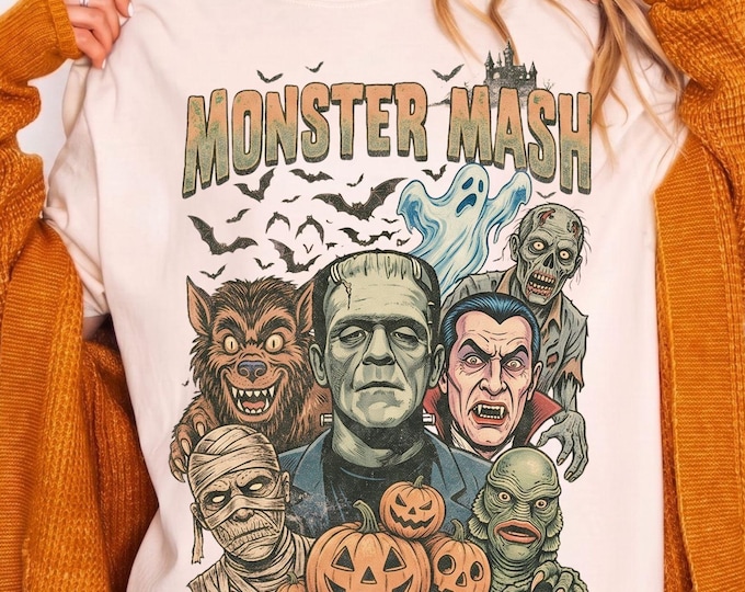 Comfort Colors Monster Mash Shirt: Retro Halloween Spooky Season Tee Unisex Gift for Her Vintage Halloween VHS shirt