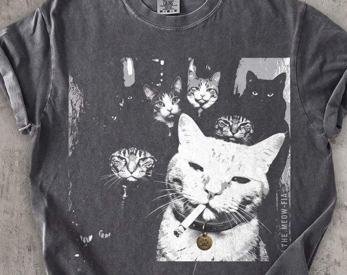 Funny The Meow-Fia Vintage Gangster Cat Shirt Meme Cats Graphic Tee Cat Lover Cat Meme Edgy Cat Mafia Cat Dad Gift for Him Cat Mom Tshirt