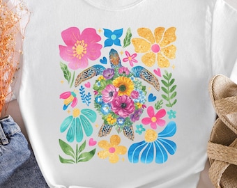 Trendy Turtle Tee: Floral Sea Turtle Design - Summer Style Yoga Pilates Shirt