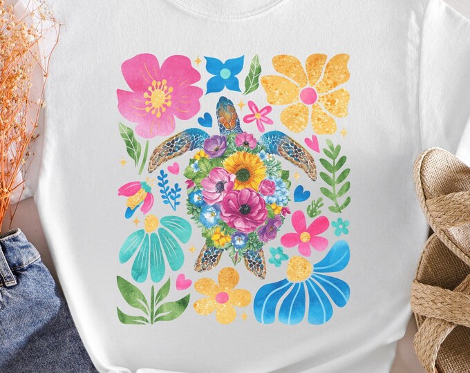 Trendy Turtle Tee: Floral Sea Turtle Design - Summer Style Yoga Pilates Shirt