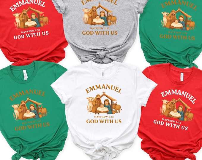 Christian Christmas Shirt – Family Matching “Emmanuel God With Us” Nativity Tee, Matthew 1:23, Family Christmas Shirt, Family Xmas Pjs,