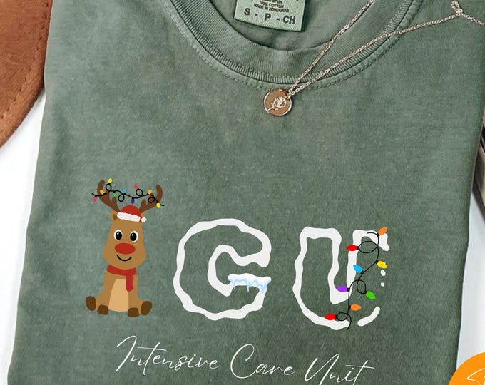 Comfort Colors Icu Nurse Christmas T-Shirt ICU Shirt Reindeer Christmas For Gift Nurse Practitioner Shirt Intensive Care Unit Tee Hospital