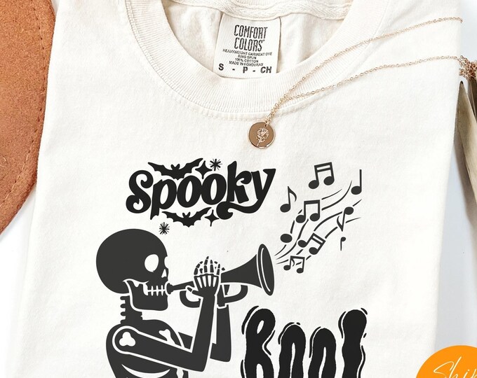 Comfort Colors®Spooky Boo Skeleton Playing Music Shirt – Cute Halloween Drummer Skeleton Tee