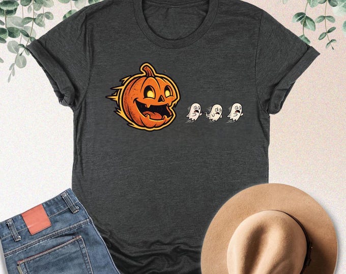 Halloween Pumpkin Eat Ghost Shirt, Funny Halloween Shirt, Halloween Gamer Gift, Halloween Party Tee, Pumpkin Pac Man Shirt, Spooky Ghost Tee