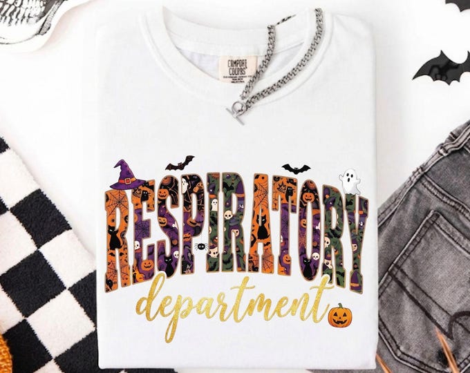 Spooky Respiratory Department Shirt Therapy Tee RRT Gift for Lung Therapist Halloween Pulmonary Nurse Unit Faux Patchwork Letters