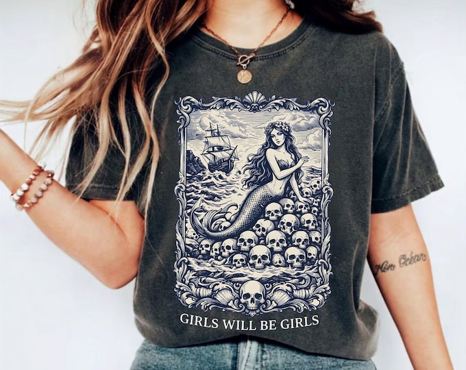 Halloween VHS Retro Tshirt Siren Vintage Mermaid Graphic Girls Will Be Girls Feminist Tee Mythical Women's Empowerment Tshirt Gift for Her