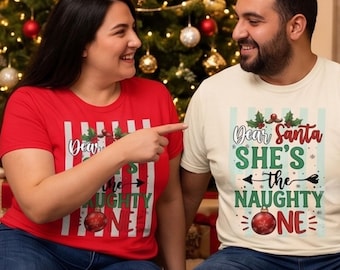 Funny Family Xmas Matching Shirts First Christmas Married Striped Tee for Newlyweds Sarcastic Gift He is The Naughty One Humor Pajamas