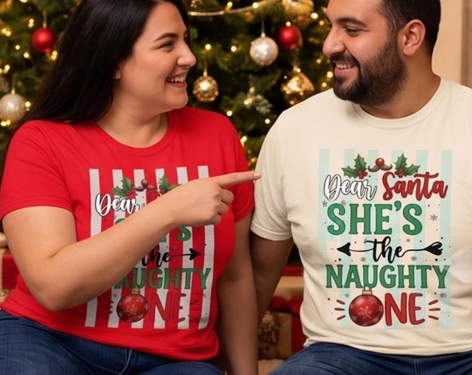 Funny Family Xmas Matching Shirts First Christmas Married Striped Tee for Newlyweds Sarcastic Gift He is The Naughty One Humor Pajamas
