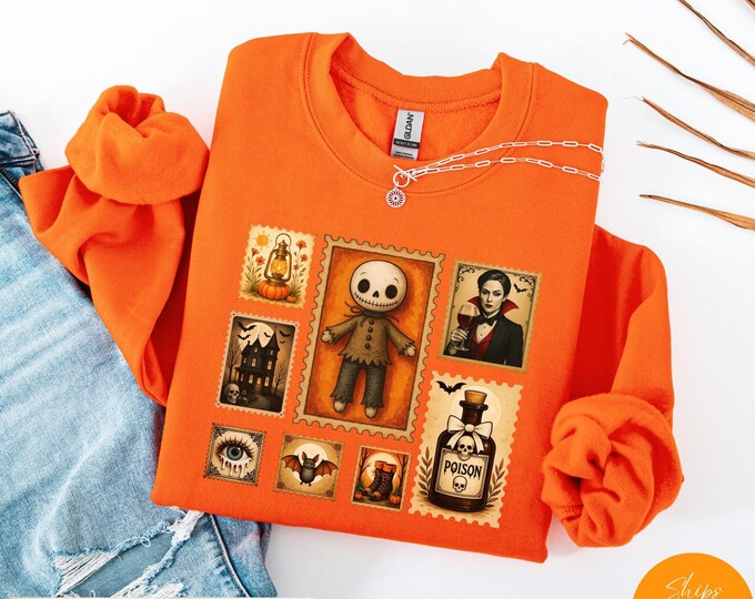 Featured listing image: Stamp Halloween Sweatshirt – Vintage Halloween Postage Stamp Pullover – Spooky Fall Cozy Crewneck – Retro Halloween Aesthetic Sweater